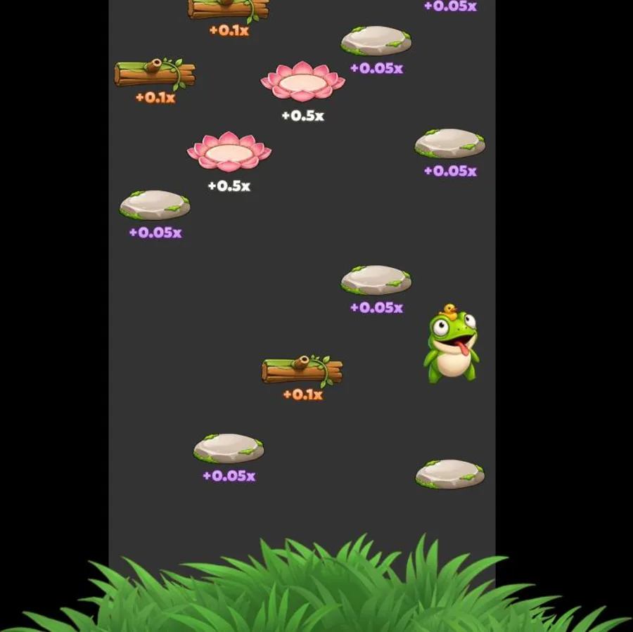 A Frog Jump round in play: the green frog climbing between value-labelled platforms