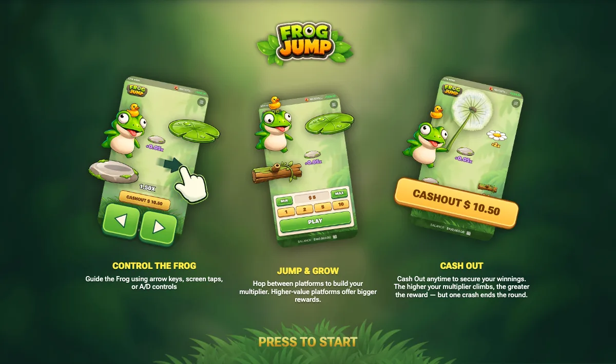 Frog Jump tutorial screens: control the frog, jump to grow the multiplier, then cash out