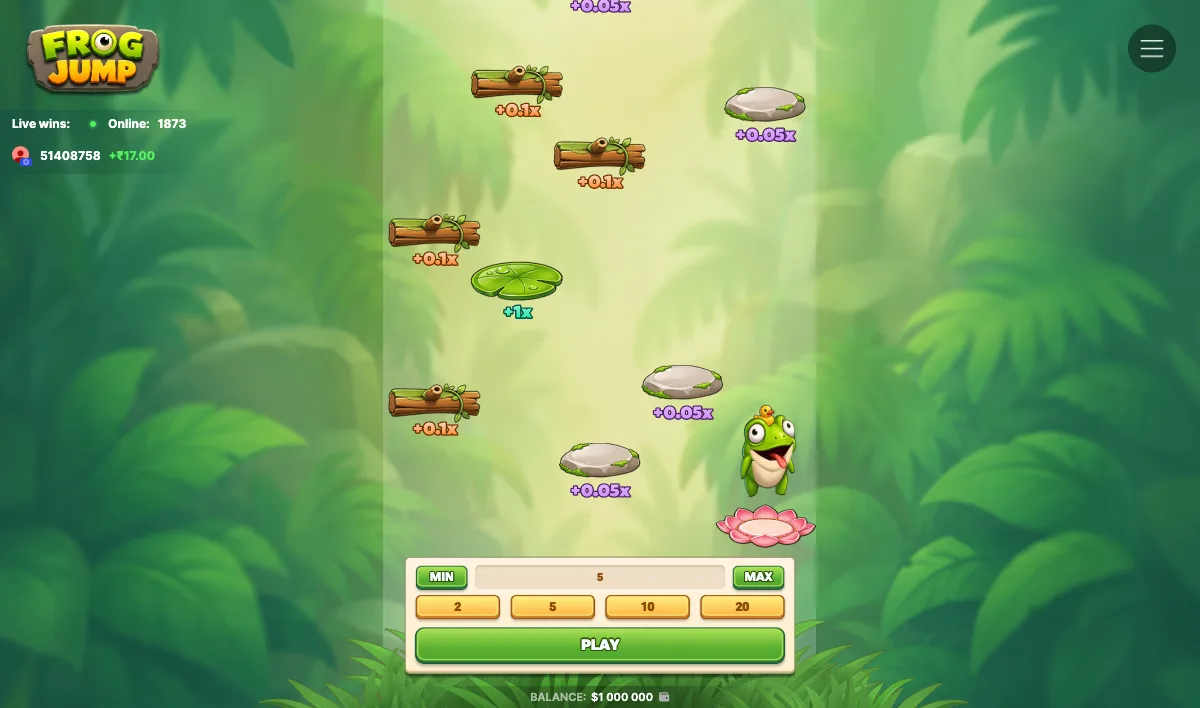 Frog Jump platform values on the board: stone +0.05x, log +0.1x and green lily pad +1x