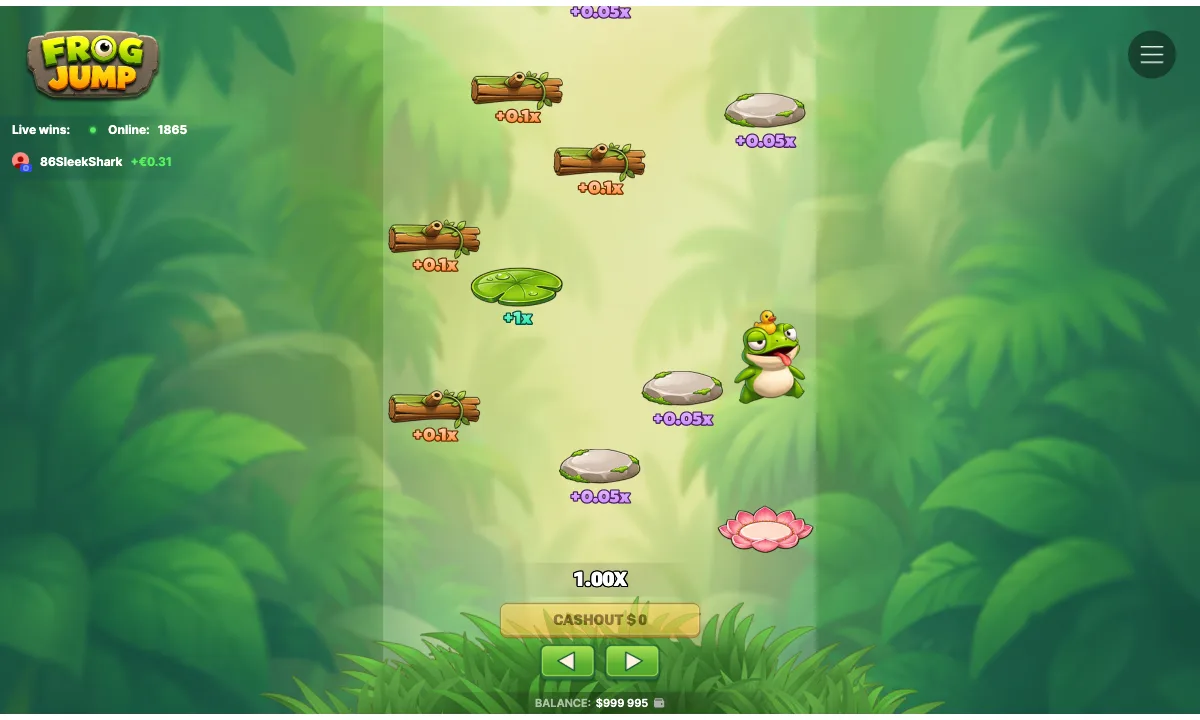 A Frog Jump round in progress: the frog sits on a stone platform (+0.05x) with logs (+0.1x) and a lily pad (+1x) above, the multiplier at 1.00x and a Cash Out button below